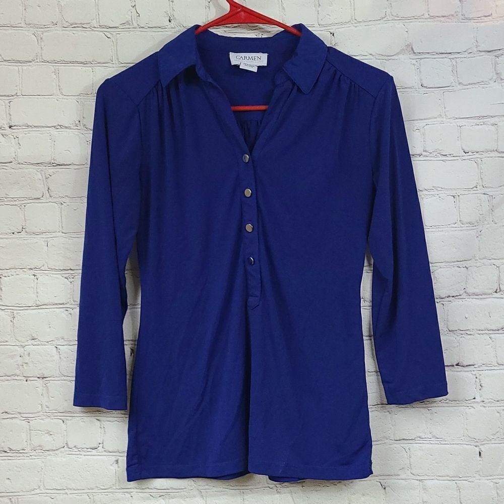 Carmen MarcĀ Valvo Royal Blue Blouse Women's Top XS Long 3/4 Sleeve CareerāBlouse - Picture 2 of 8